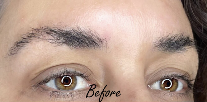 Before image showing natural eyebrows prior to eyebrow enhancement services at Studio 23 Esthetics. Image illustrates the original brow shape and density before professional shaping, definition, and refinement.